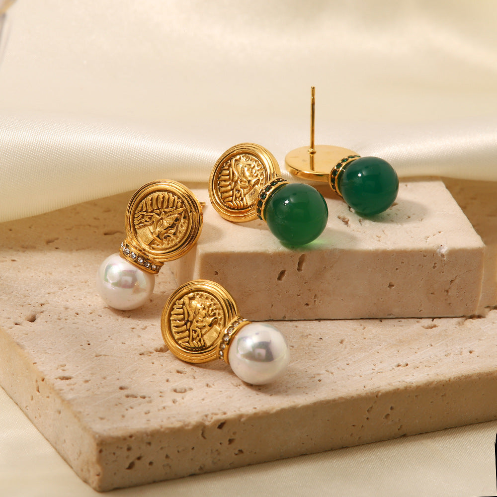 5pcs Retro Stainless Steel Inlaid Green Pendant Earrings Titanium Steel Pendant Earrings
