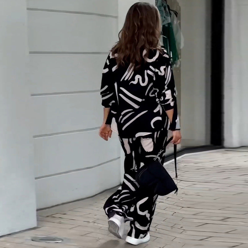 Women's Autumn And Winter New Long-Sleeved Printed Shirt High-Waisted Trousers Fashion Suit Women