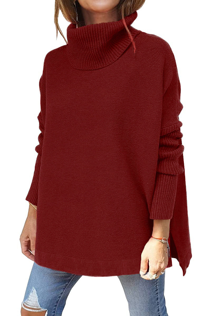 New Women's Turtleneck Oversized Sweater Mid-Length Batwing Sleeve Slit Hem Tunic Jumper
