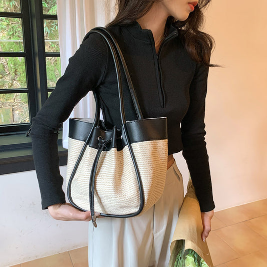 Early Spring New Shoulder Bag Straw Stitching Fashion Simple Bucket Bag Large Capacity Commuter Underarm Bags