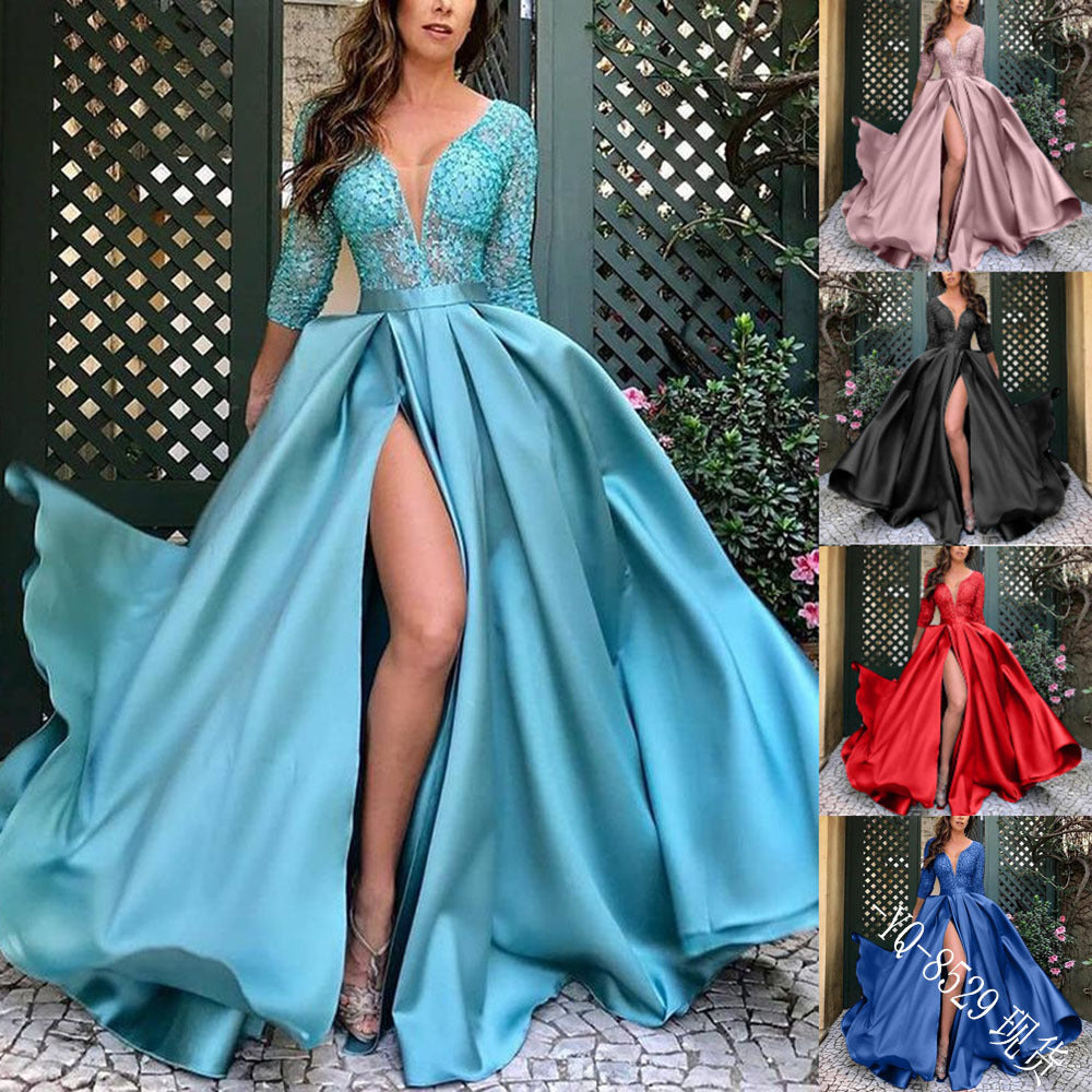 New Women's Lace Sequin Sexy Dress Train Dinner Gown
