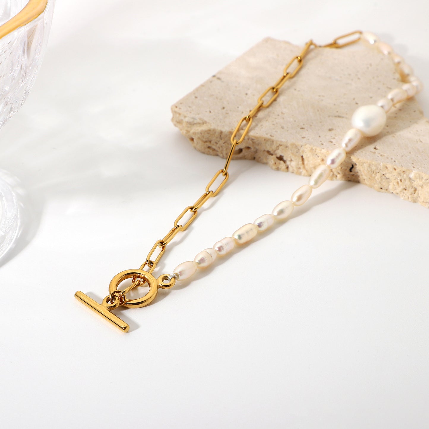 5pcs Stainless Steel Pearl Stitching Jewelry Set 18K Gold Plated Chain Ot Buckle Natural Light Pearl Necklace For Women