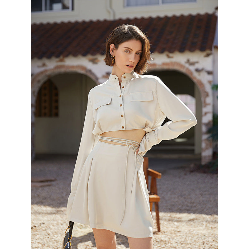 Sensual Lace-Up Long-Sleeved Shirt Skirt Suit