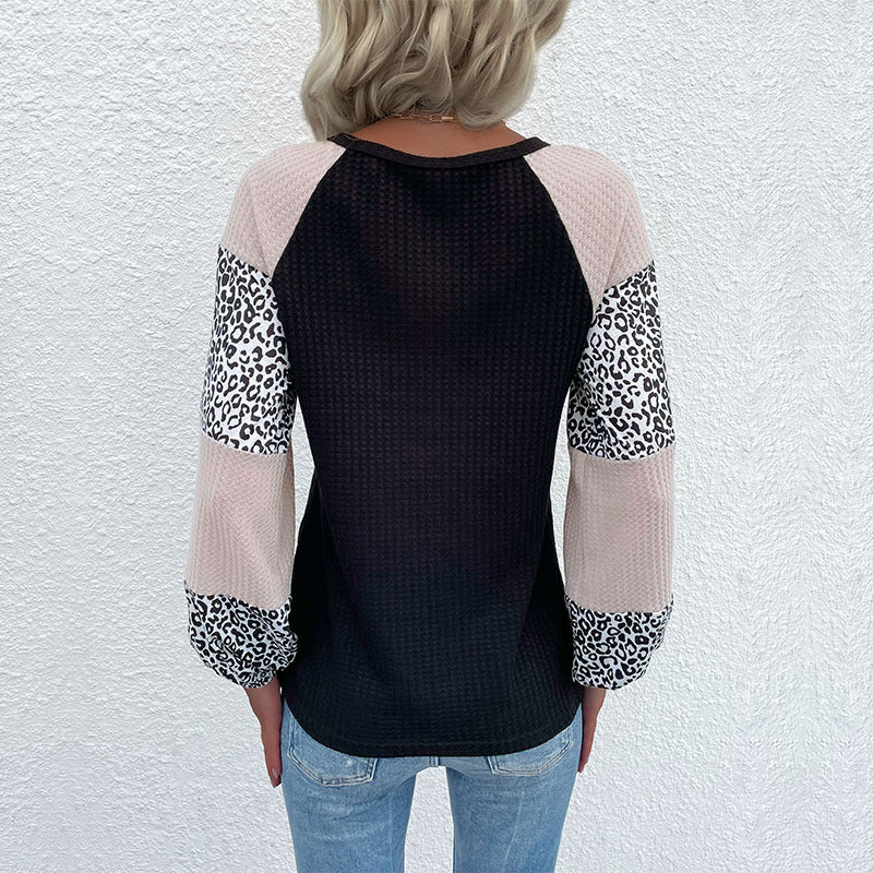 Fall New ern Style Long-Sleeved Waffle Top Spliced Leopard Knit