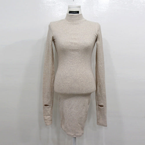 New Elegant Set Finger Sleeves Sexy Turtleneck Bag Hip Thickened Warm Winter Bottom Dress