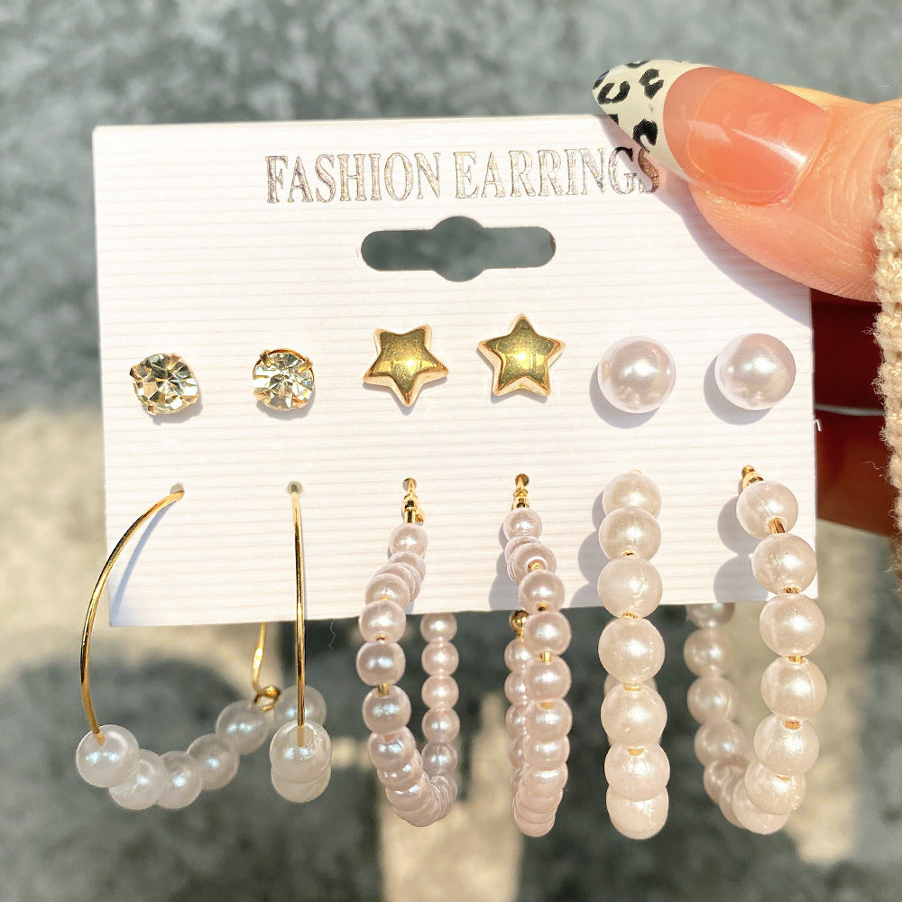 5 Sets New Pearl Earrings Set for Women Retro Metal Geometric C-Shaped 5 pairs Earrings