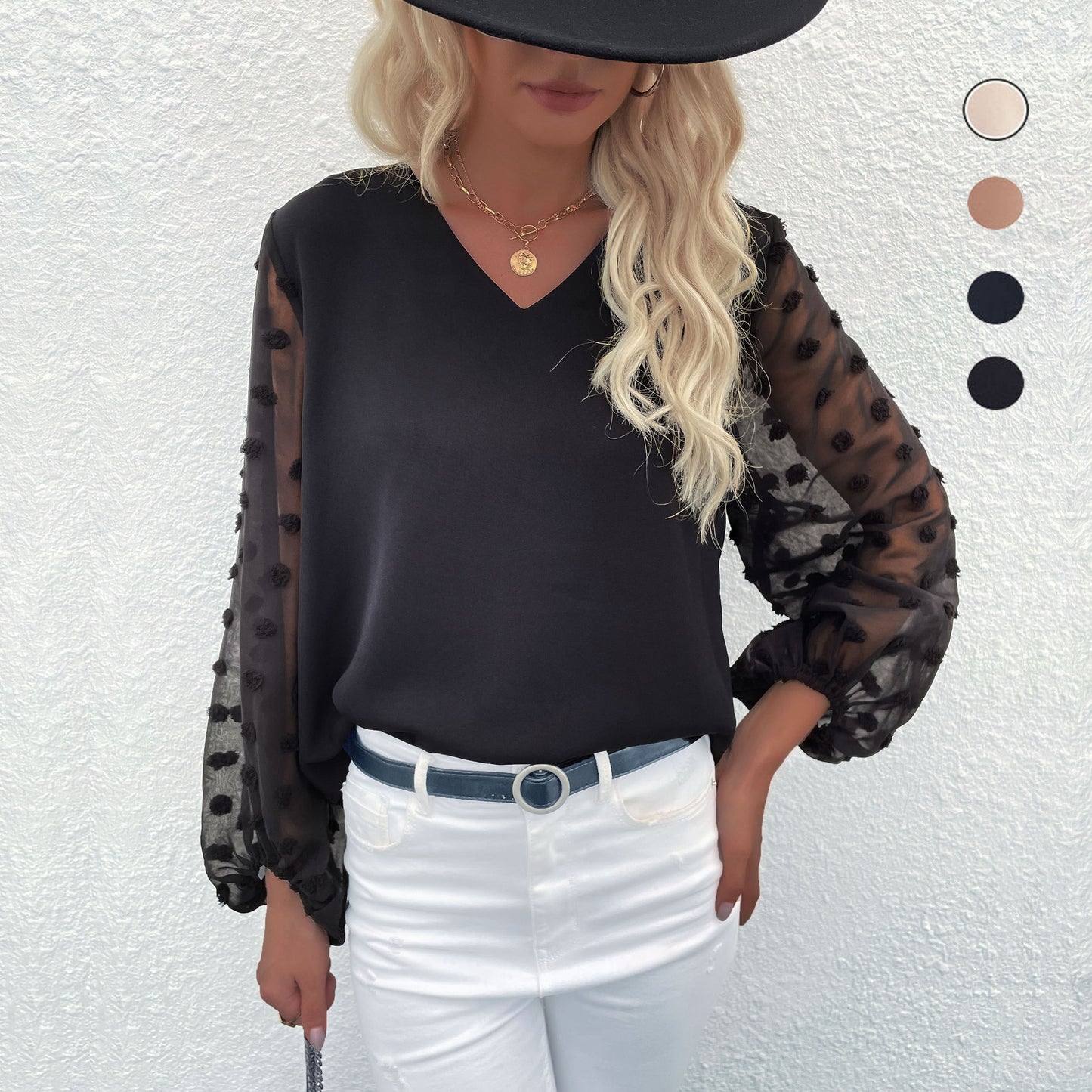 Shirt New Spring And Summer New V-Neck Women's Long-Sleeved Commuter Jacquard Shirt