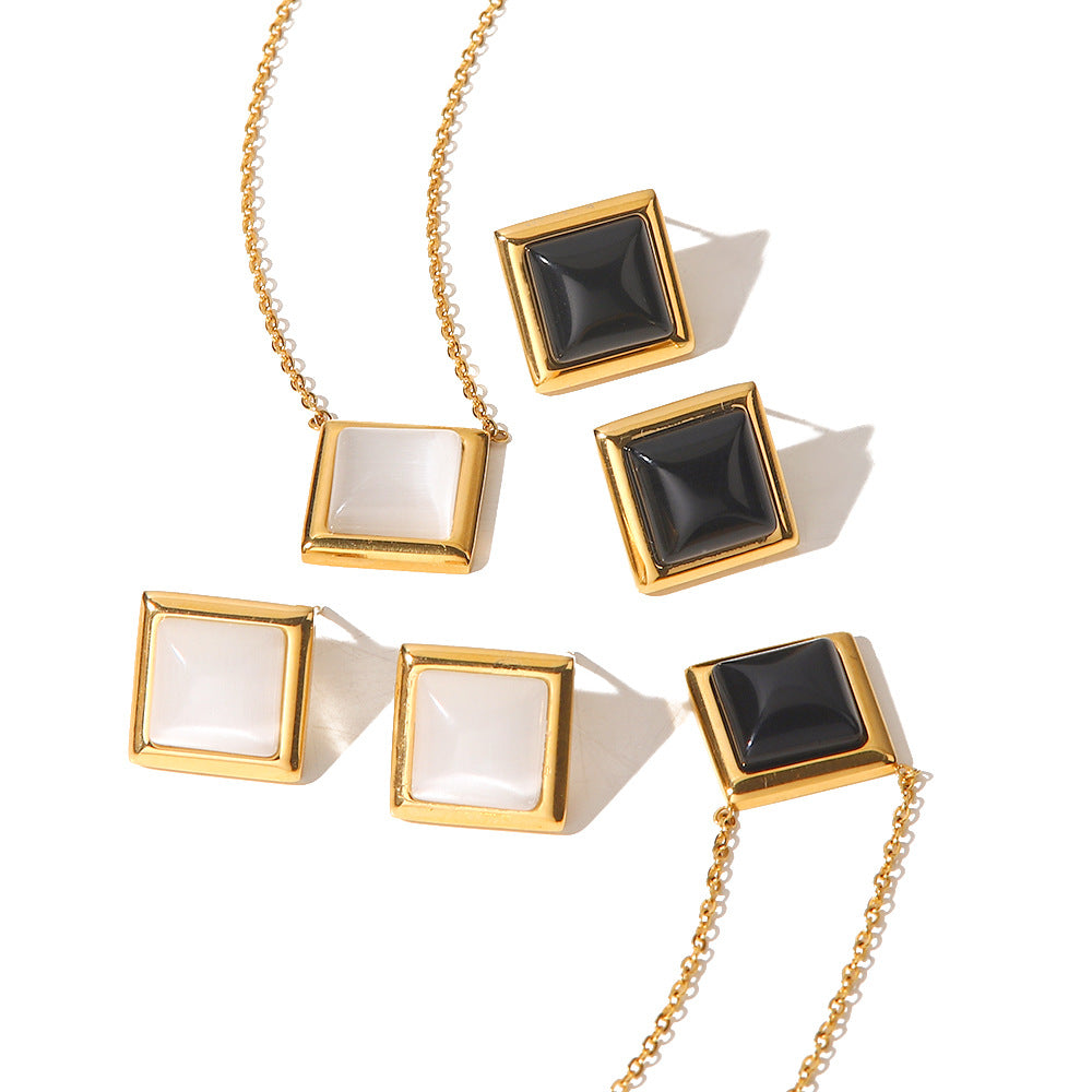 5pcs Cat's Eye Stainless Steel Square Earrings Necklace Female Style Fashion Niche Design High-Grade All-Match Titanium Steel Necklace