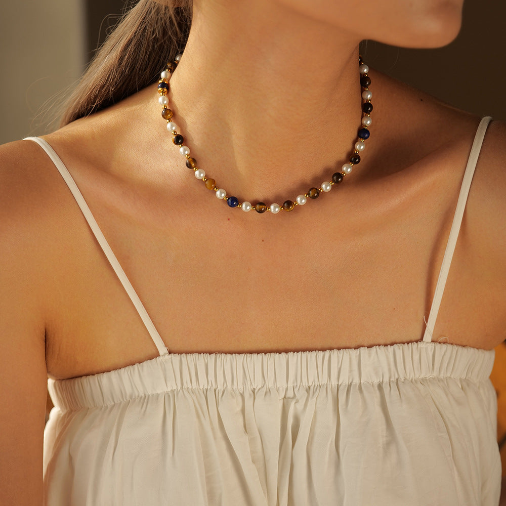5pcs Titanium Steel Necklace 18K Gold Stainless Steel Inlaid Pearl Lapis Gold Stone Tiger Eye Stone Bead Necklace Jewelry