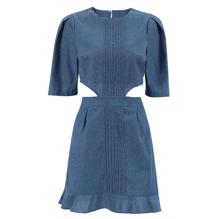 Vintage Blue Denim Short Sleeve Puffy Sleeve Dress Women's Summer Cutout A-Line Dress