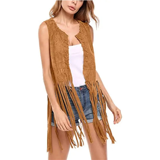 Off-The-Shelf Style Shawl Suede Fringed Waistcoat For Women Sleeveless Mid-Length Clip