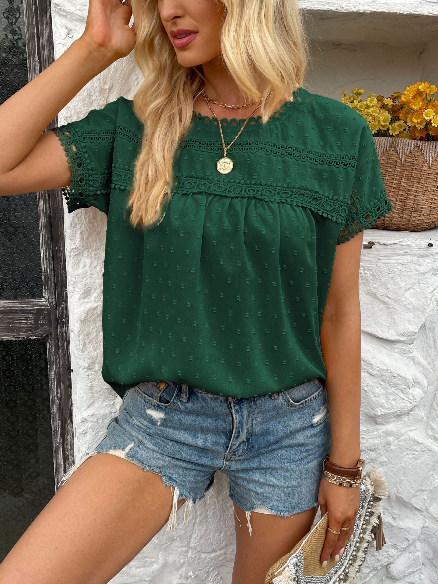 New Summer Lace Top Women's Solid Color Round Neck Short Sleeve Lace Pullover