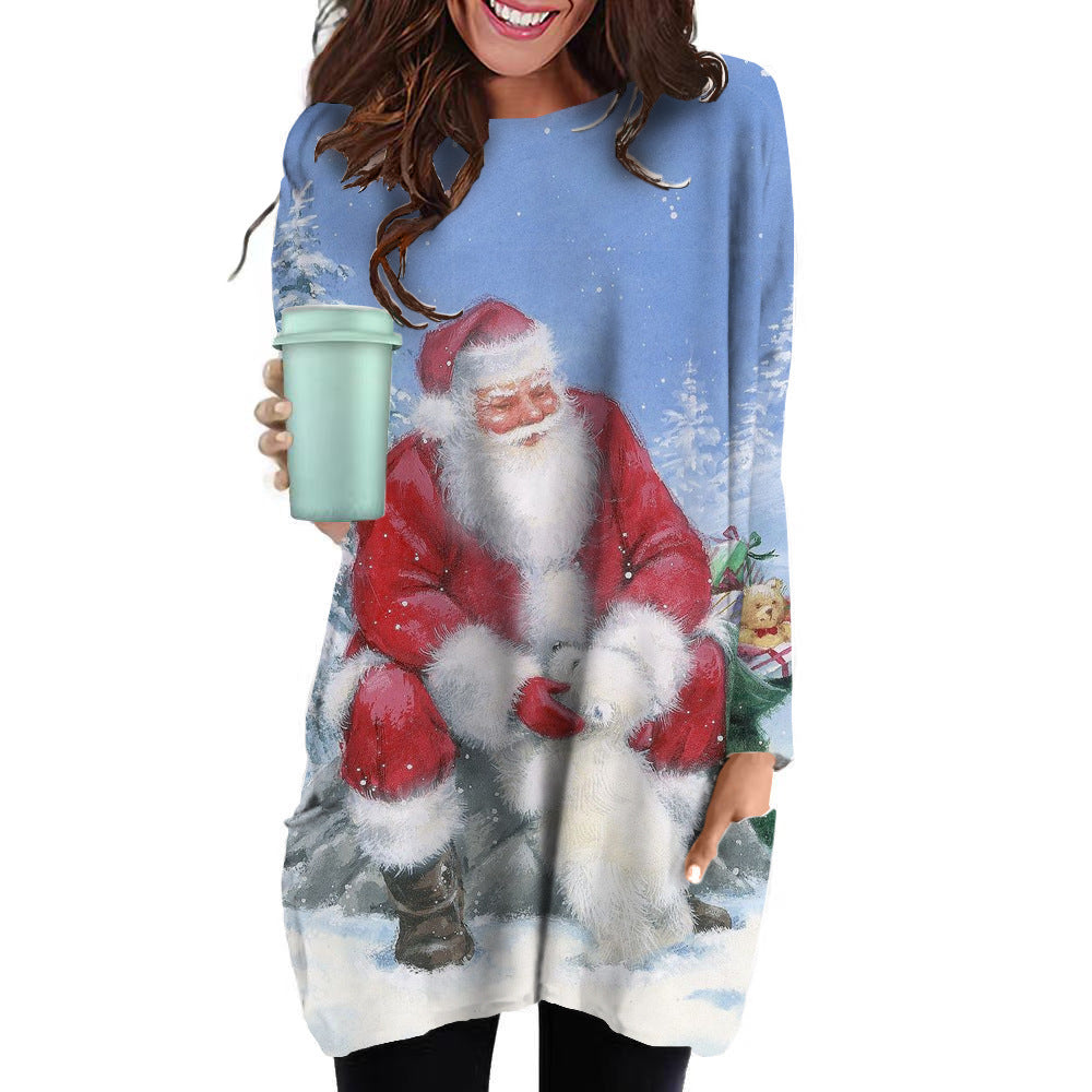 Women's Loose Round Neck 3D Christmas Elements Printed Long T-Shirt A Hair Casual Hoodie