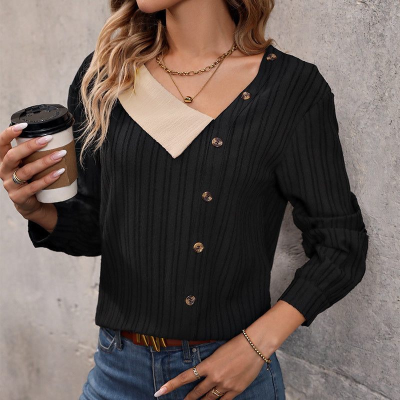 Autumn New Blouse Color Splicing V-Neck Long Sleeve Button Decoration Top