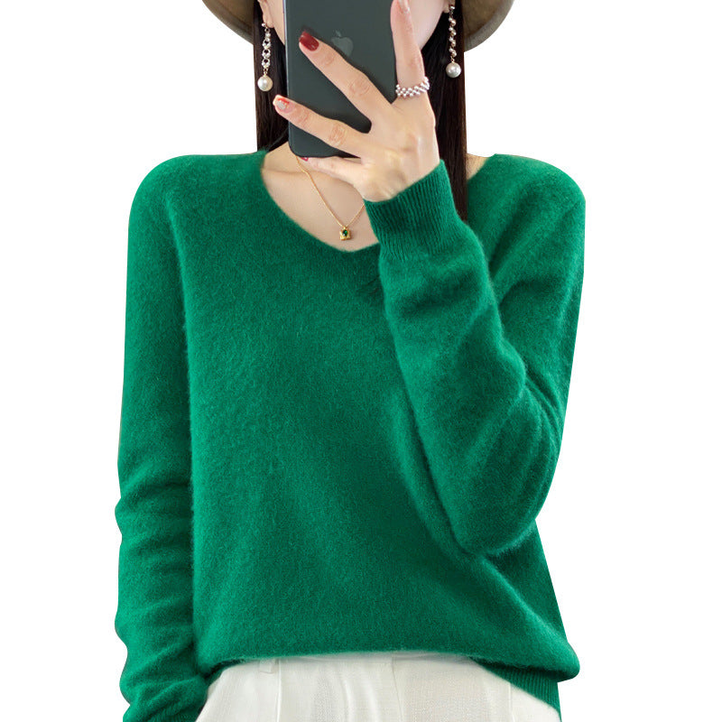 100 Pure Wool Knitwear Women's V-Neck Pullover Loose Base Shirt Autumn And Winter New Solid Color Sweater