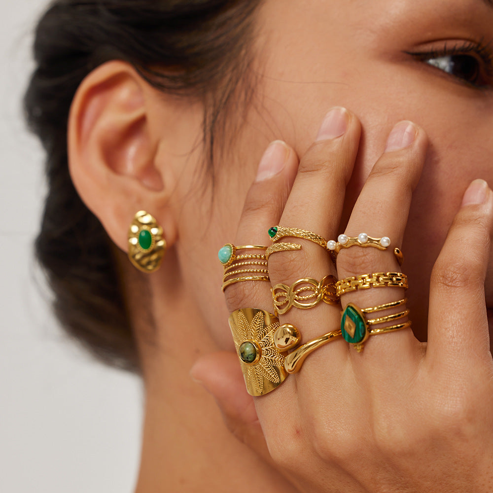 5pcs 18K Gold Plated Stainless Steel Design Natural Malachite Ring Women Do Not Fade Jewelry