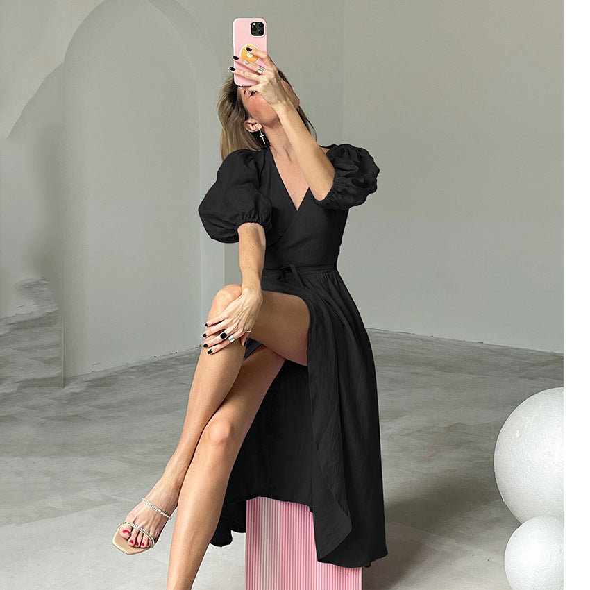 Summer New Cotton Commuter V-Neck Slit High Waist Waist Design Sense A-Line Skirt Dress Women