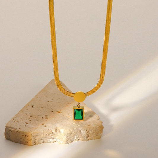 5pcs 18K Gold Stainless Steel Necklace Green Square Zircon Pendant Snake Chain Fashion Vintage Ladies Collars