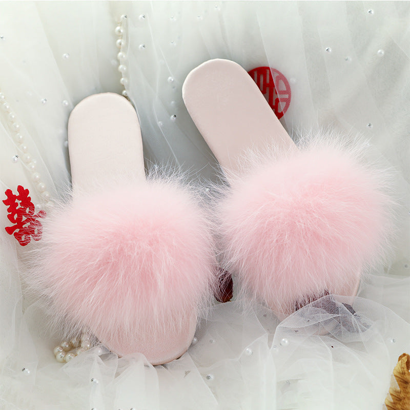 Wedding Bridesmaid Slippers Women's Satin Red Feather Plush Slippers Bride Morning Robe
