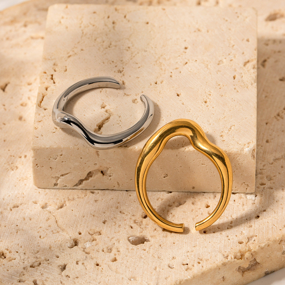 5pcs Niche Style Titanium Steel Ring Ladies Fashion All-Match Ring Stainless Steel Geometric Wavy Opening Ring
