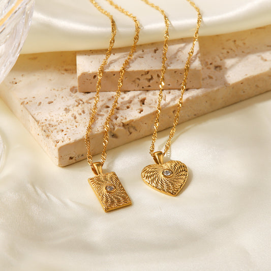 5pcs Geometry Texture Square Heart Titanium Steel Necklace 18K Gold Stainless Steel Zircon Heart Pendant Necklace