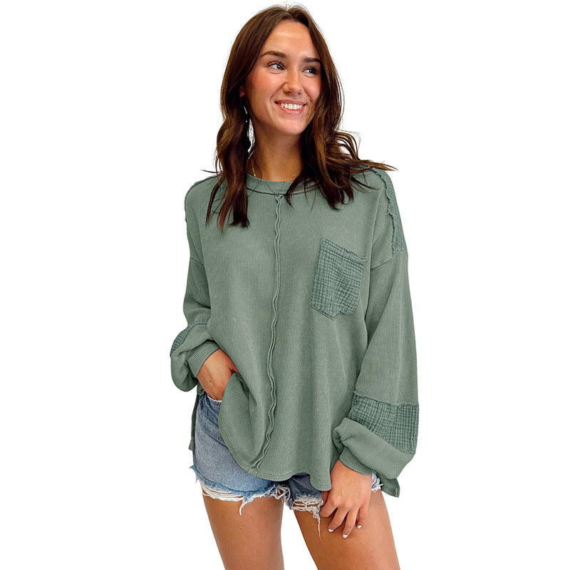 Autumn New Open Seam Patchwork Waffle Sweatshirt Women Casual With All Round Neck Pullover Women