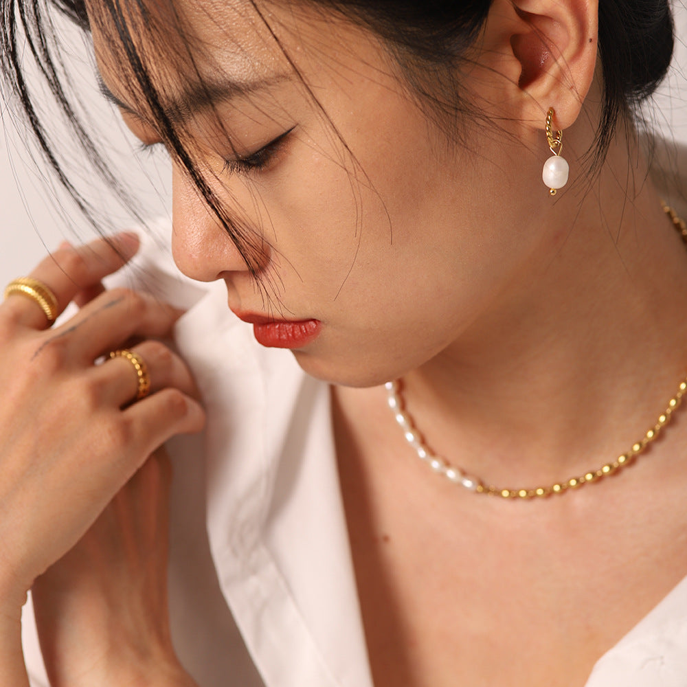5pcs Light Pearl Twist Ring Earrings Stainless Steel 18Kpvd Gold Plated High Quality Jewelry Pendant Earrings Jewelry Women