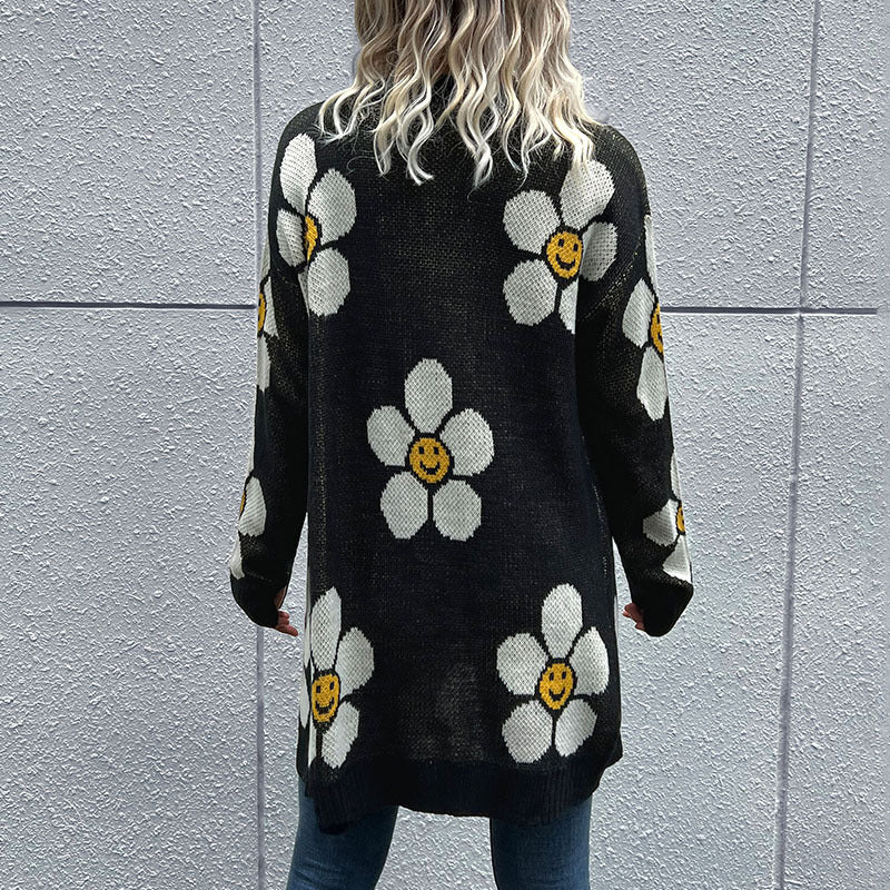 Autumn and Winter Fashion Women's Floral Long Sleeve Sweater Cardigan
