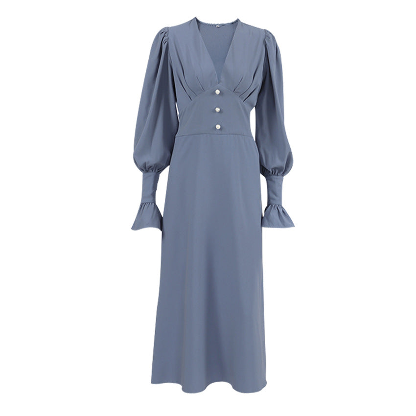 Fashion Design Sense V-Neck Dress Autumn Simple Slim A-Line Skirt Women Chiffon Midi Skirt