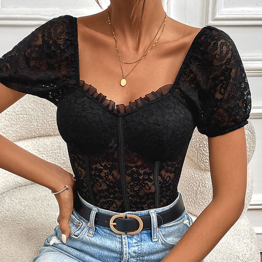 Sexy Lace Onesie Bubble Short Sleeve Chicken Heart Collar Top Lace Perspective One-Piece Top