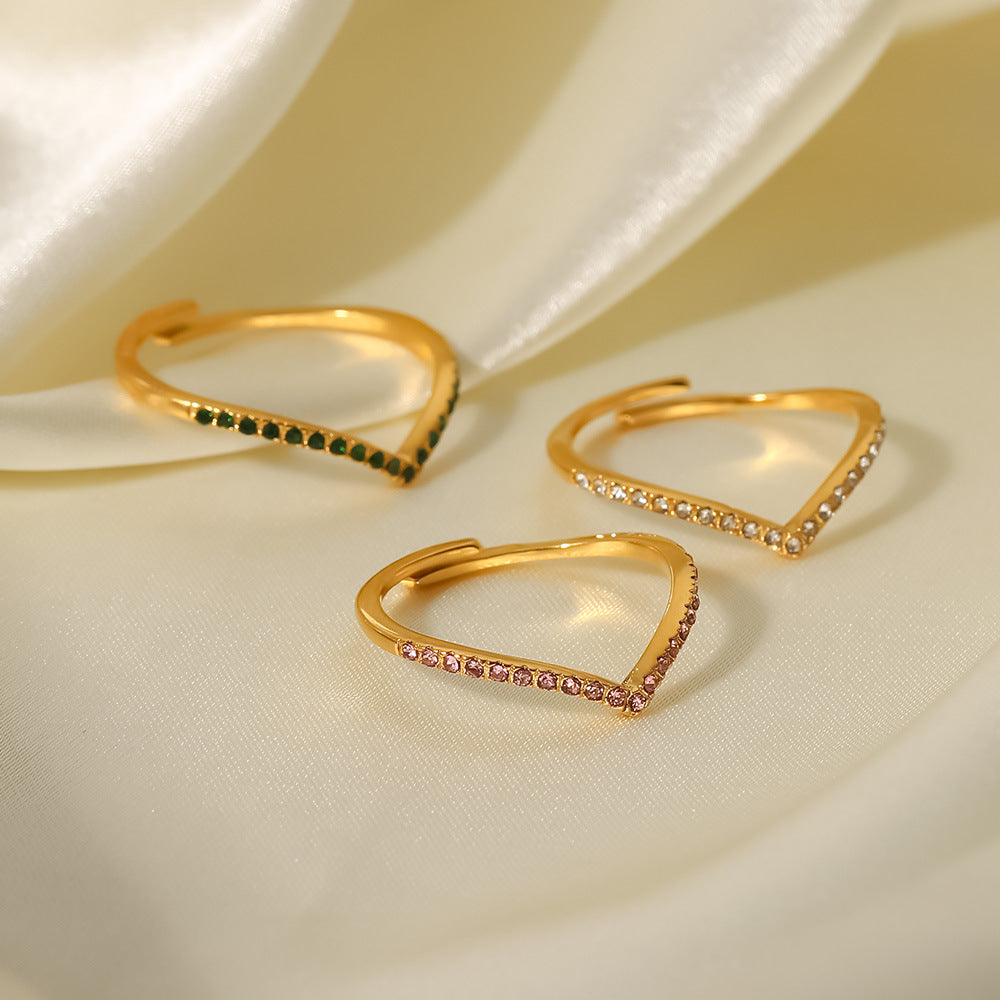 5pcs Fashion All-In-One Ring 18K Gold Full Diamond Fine V-Shaped Green // White Zircon Ring