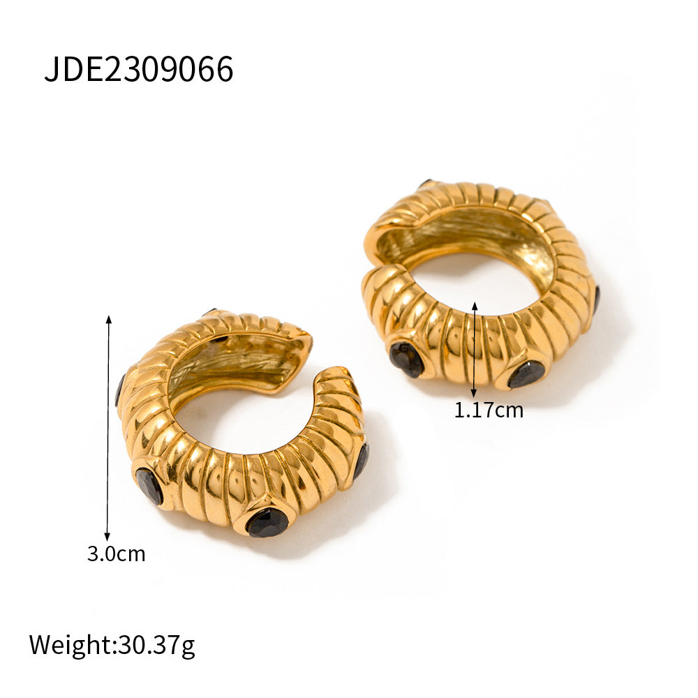 5pcs 18K Gold Stainless Steel Inlaid With Black Zircon Bread Earrings Do Not Fade Jewelry