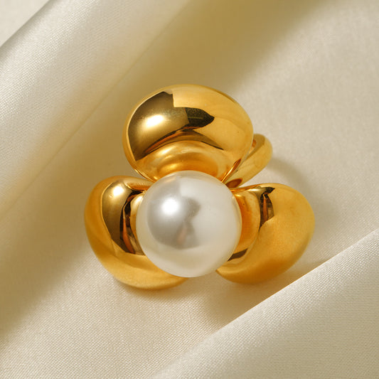 5pcs 18K Gold Stainless Steel Three Petal Flower Set Ring No. 7 Sculpture Flower