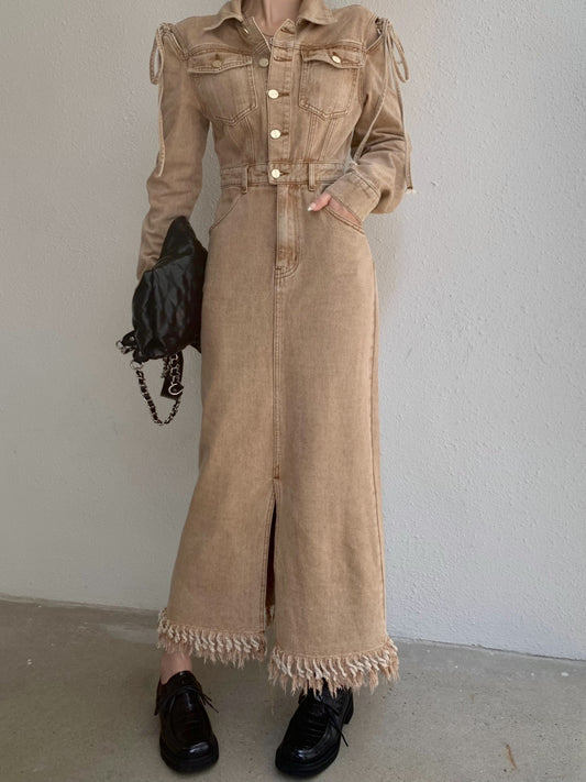 Slit Denim Dress Large Size Fat Mm Design Sense Off-Shoulder Fringe Autumn Vintage Waist Skirt Women