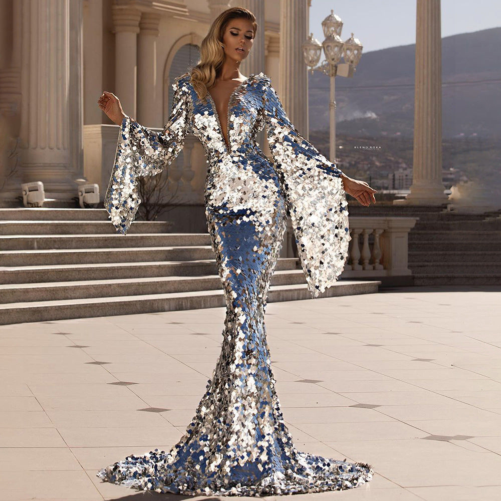 Spring New Women's Sexy Sequin Dress Silver Party Dress Cover Buttock Evening Gown