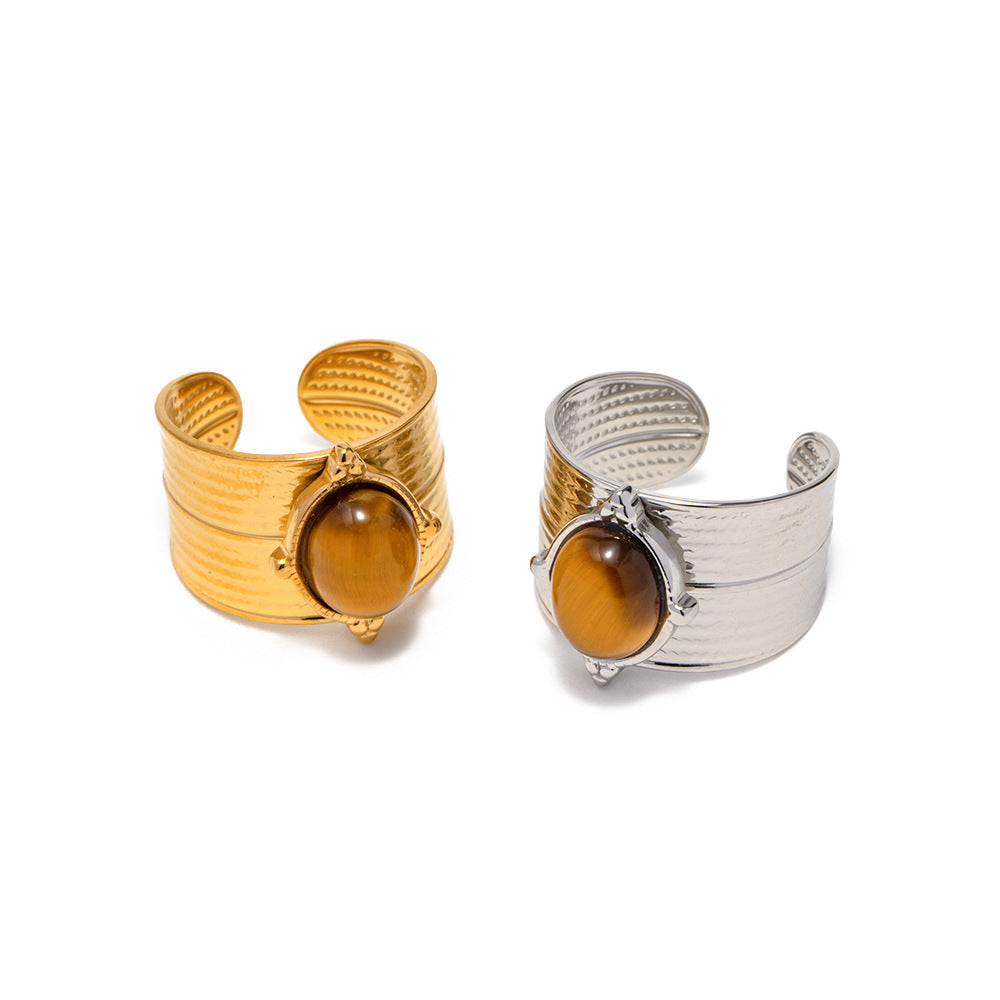 5pcs New 18-Karat Gold Natural Stone Tiger Bead Wide Opening Ring Stainless Steel Vintage High Quality Jewelry Ring For Women