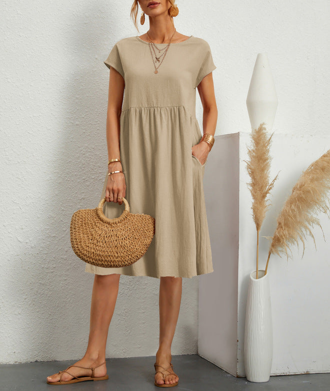 Fashion Ol Quality Women's Solid Color Cotton Linen Round Neck Set A-Line Skirt Dress