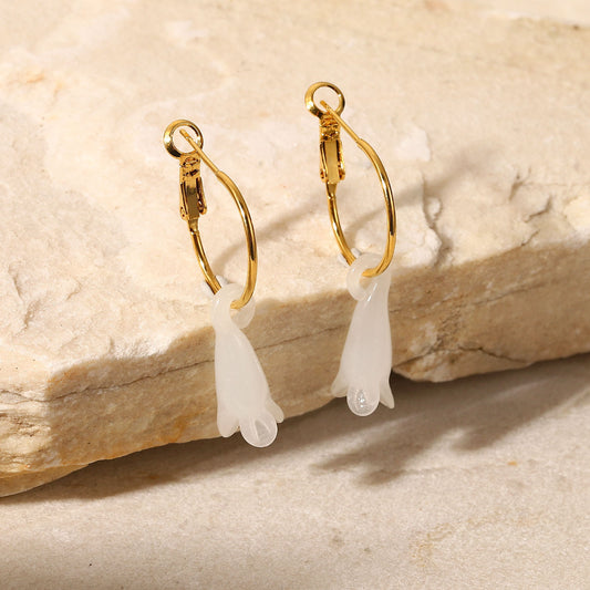 5pcs Stylish Vintage 18K Gold Stainless Steel Earrings Semi-Precious White Magnolia Pendant Earrings Fashion Women's Earrings