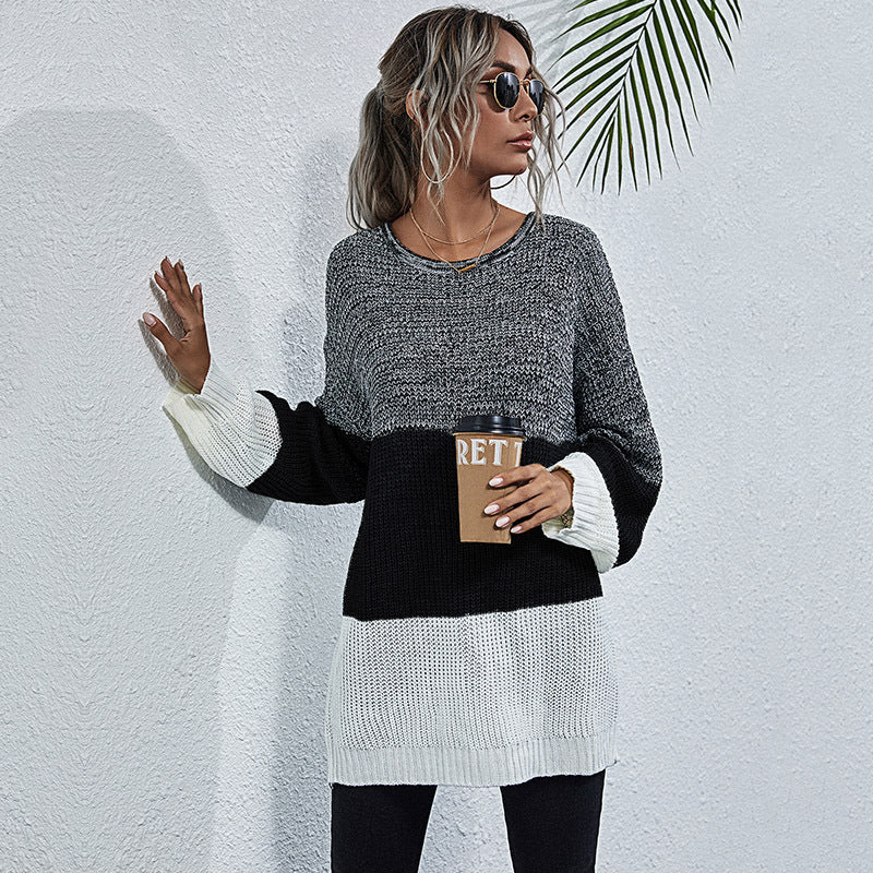 Women Fashion Crew-Neck Long Sleeve Color Knitting Sweater Female Autumn