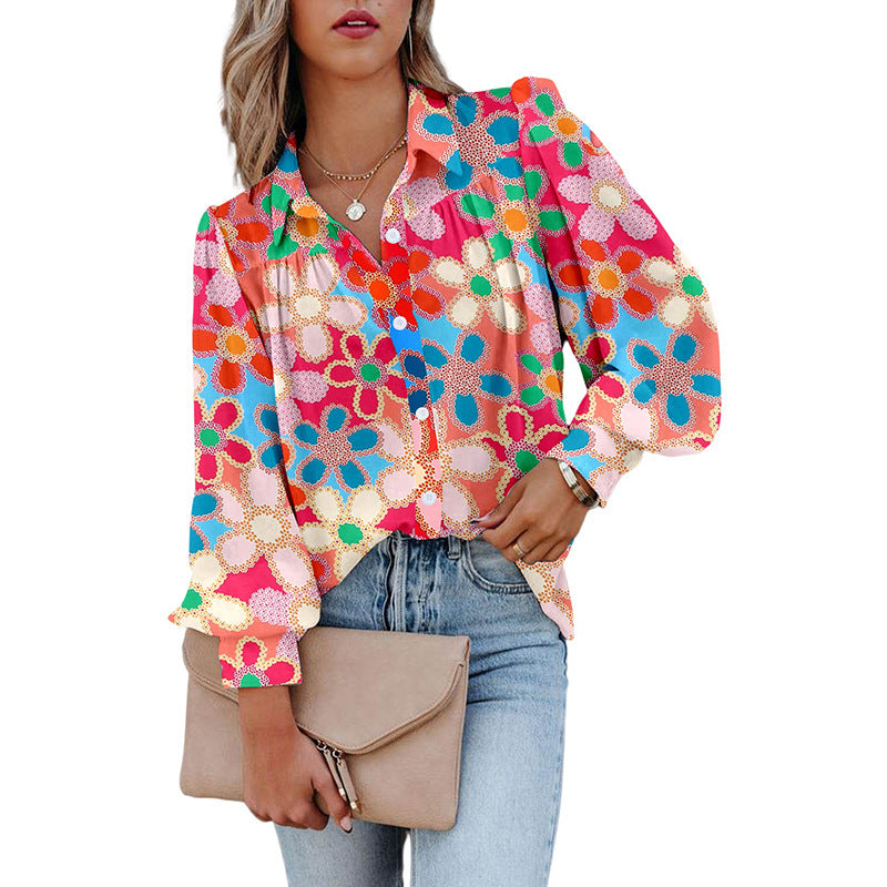 Autumn New Multi-Color Bubble Sleeve Shirt Women Thin Loose Flower Print Long Sleeve Blouse Women