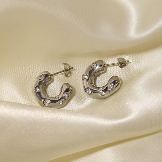 5pcs New Titanium Steel Earrings Big Name Shaped Hammer Grain Inlaid Zirconium C-Shaped Steel Color Earrings Jewelry Female