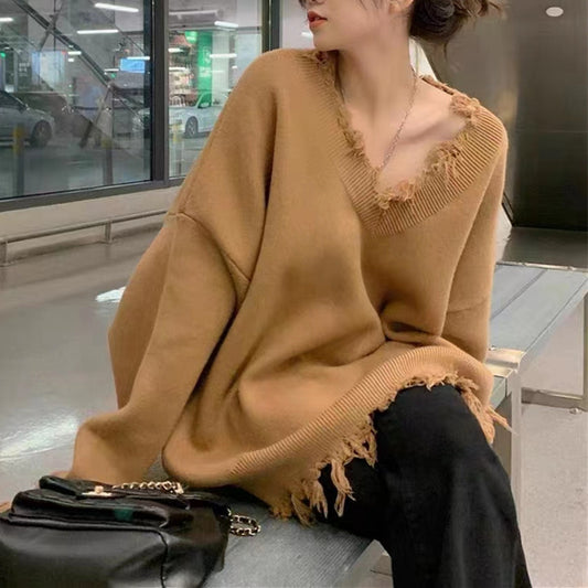 Autumn And Winter New V-Neck Sweater Women Loose Long-Sleeved Lazy Pullover Sweater Design Feeling Broken Sweater