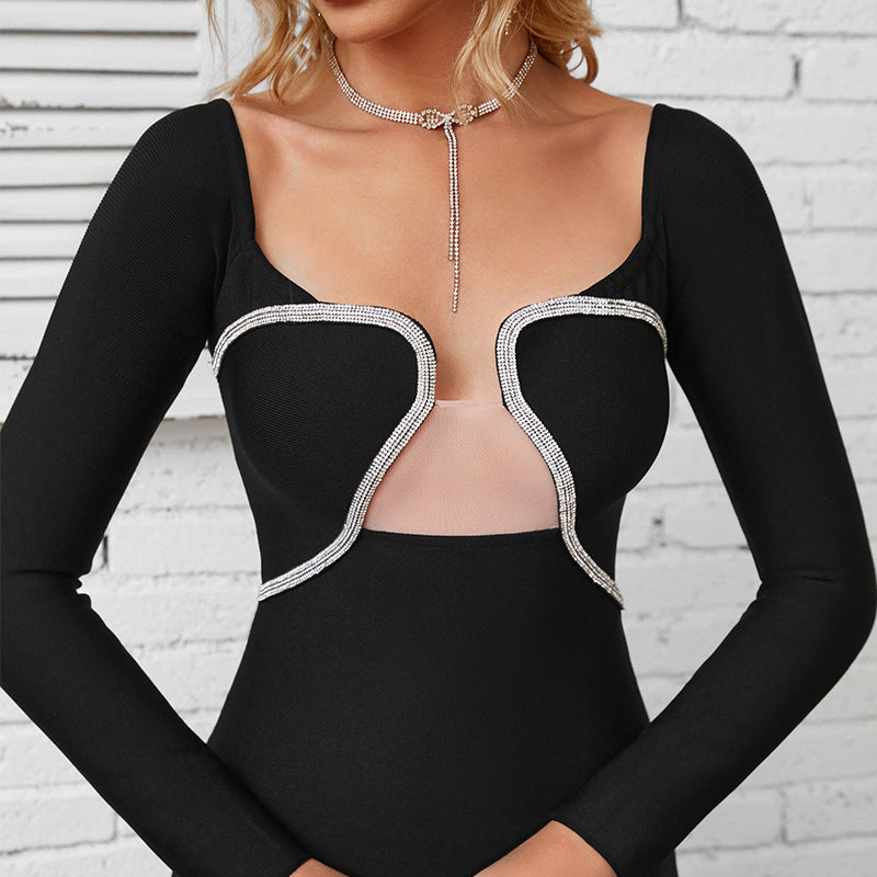 Elegant Long-Sleeved Dress Fall Women Haute Couture Hepburn Style Bag Buttock Little Black Dress Light Luxury Diamond-Studded Dress Dress
