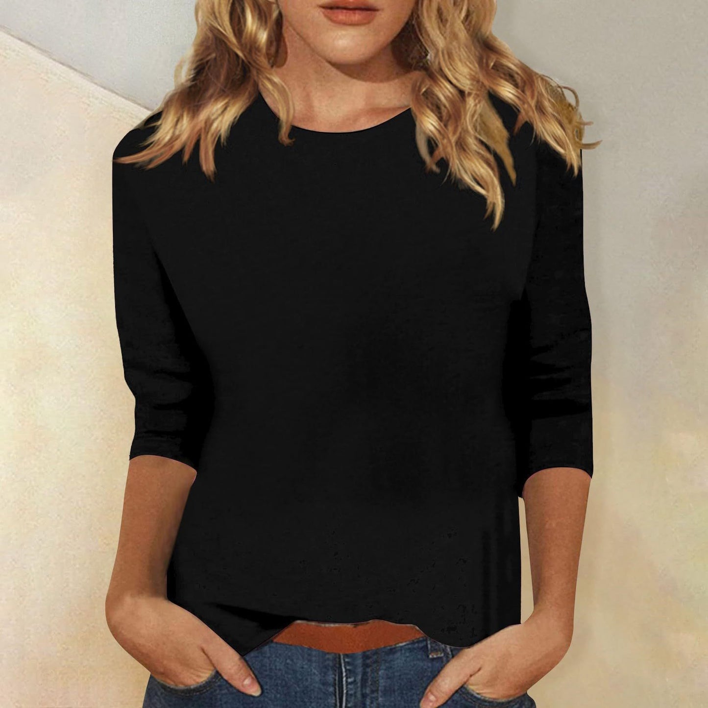 Autumn And Winter Women's Top Round Neck Seven-Point Sleeve Solid Color T-Shirt