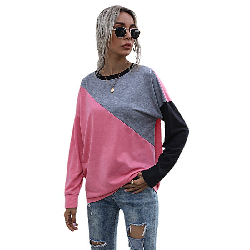 Early Autumn Loose Pink Patchwork Round Neck Long Sleeve Hoodie Woman