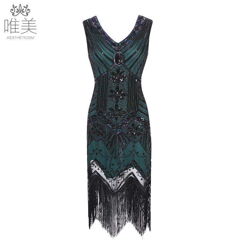 Vintage Style Sequined Beaded Dress Front And Back V-Neck Fashion Fringe Dress Exploded