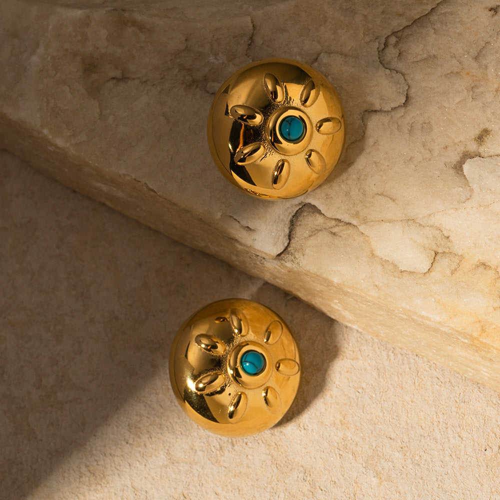 5pcs New Titanium Steel Gold-Plated Earrings Fashion 18-Karat Stainless Steel Inlaid With Turquoise Sun Round Pendant Earrings