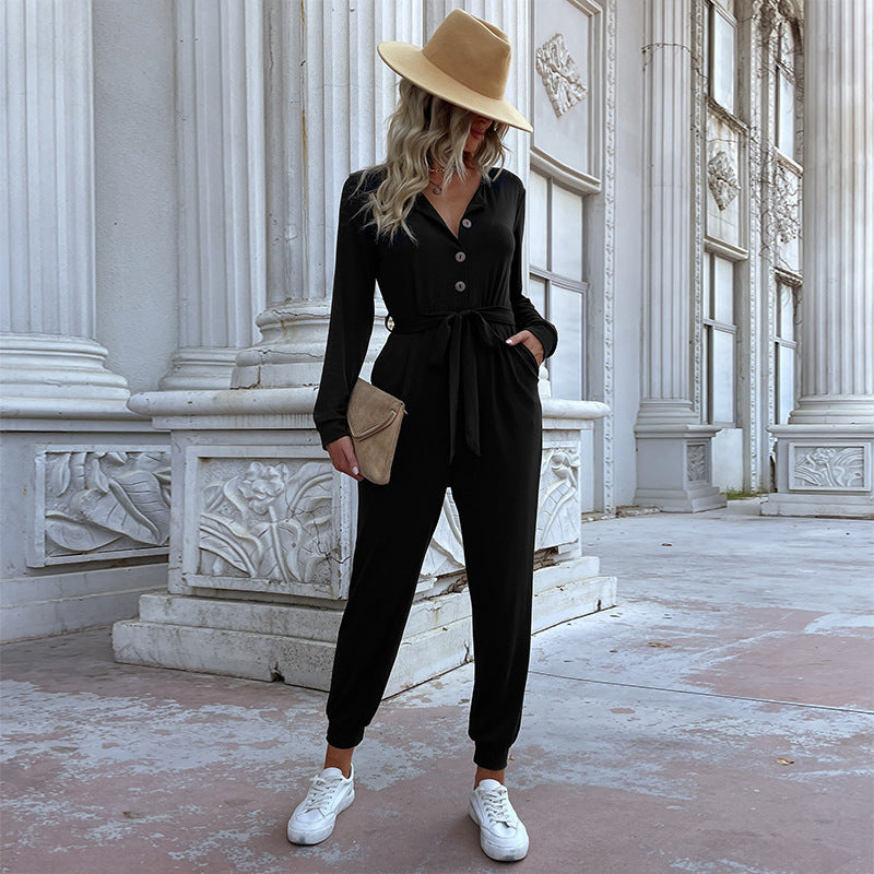 Women's Clothing New Autumn And Winter New Long-Sleeved Romper Casual Sports Lace-Up Romper