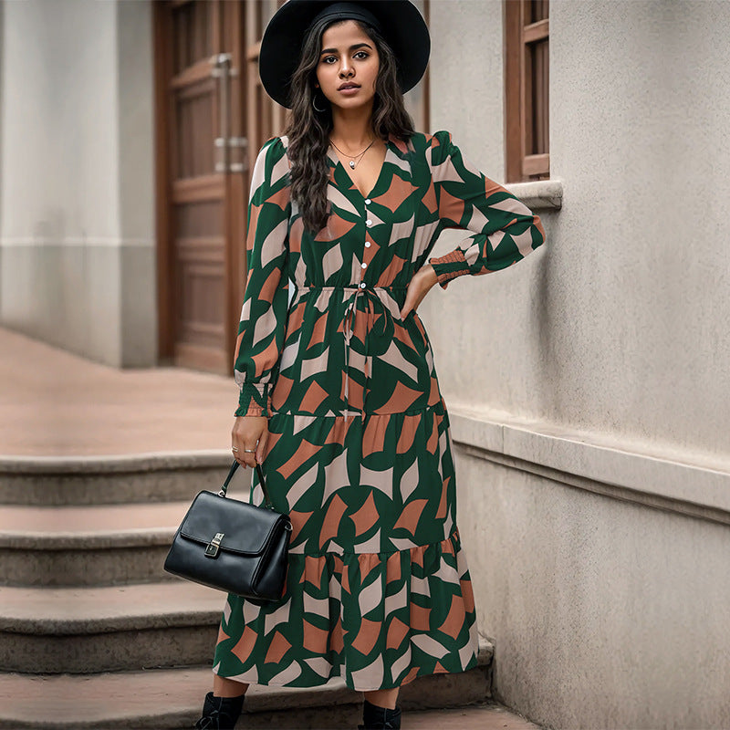 New Temperament V-Neck Ruffled Dress To Button-Up Long Skirt Geometric Pattern Matching Female Skirt