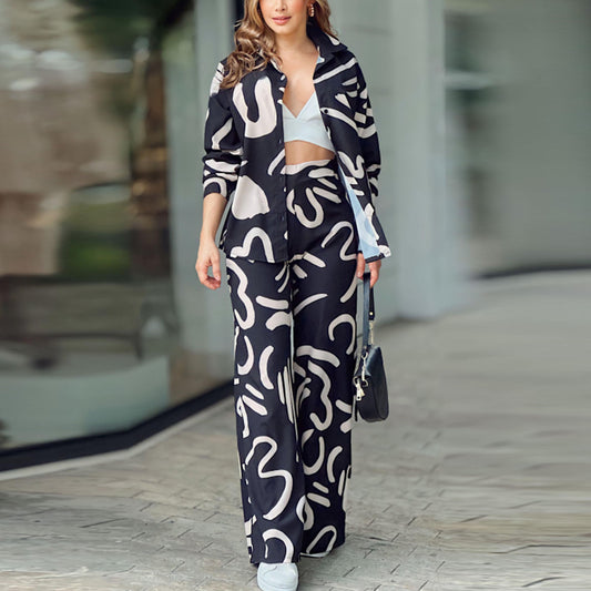 Women's Autumn And Winter New Long-Sleeved Printed Shirt High-Waisted Trousers Fashion Suit Women